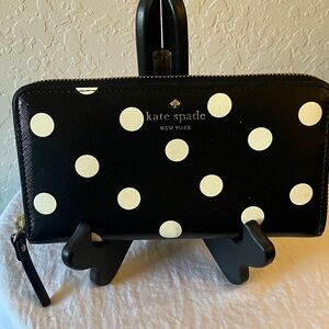 Kate Spade: Black & White Polka Dot Accordion Wallet- Storybook Lining-Gold Tone